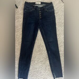 Free People Dark Wash Denim Button Up Skinny Jeans with frayed hem